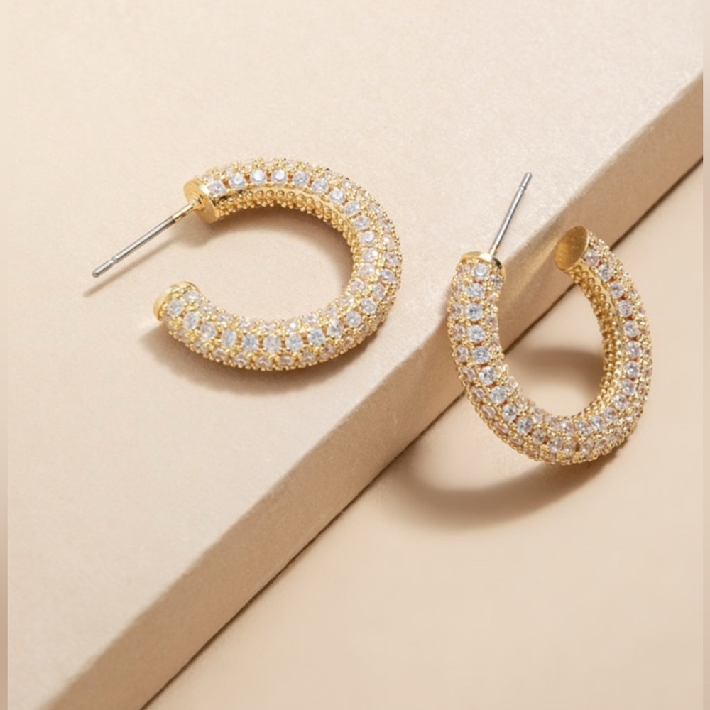 New Francesca’s Samantha Pave Thick Hoop Gold Tone Elegant Earrings - Picture 2 of 6